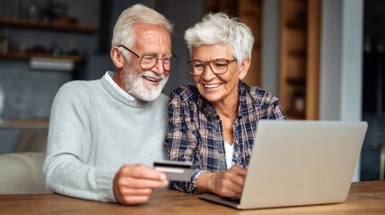 senior couple using credit card and laptop computer to shop onlineshopping online at home no logos no brands ar 169