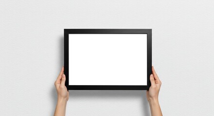 Naklejka premium Horizontal Blank Poster Mockup with Black Frame Held by Hands Against White Wall , Minimal Presentation Design for Branding and Advertising Display