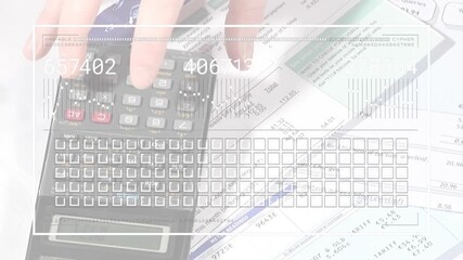 User's hand pressing calculator keys initiating overlay animating financials bars with grid shift - Powered by Adobe