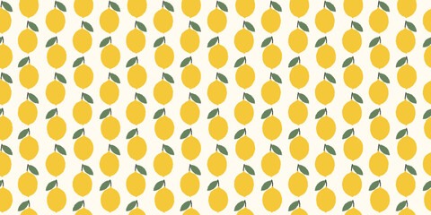 Seamless pattern with lemons, green leaves. Cute simple endless background, wallpaper. 