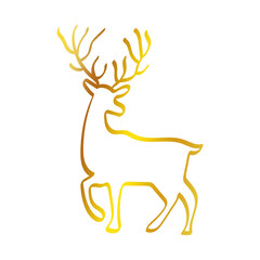 Golden reindeer silhouette outline on transparent background. 