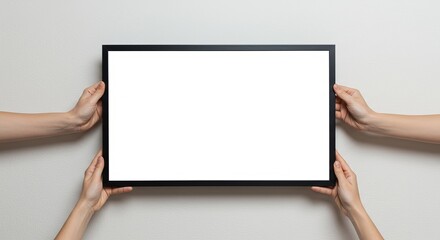 Horizontal Blank Poster Mockup with Black Frame Held by Hands Against White Wall , Minimal Presentation Design for Branding and Advertising Display