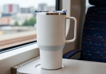 White Insulated Travel Mug with Handle Mockup on a Table Inside a Moving Train for a Commute Scene