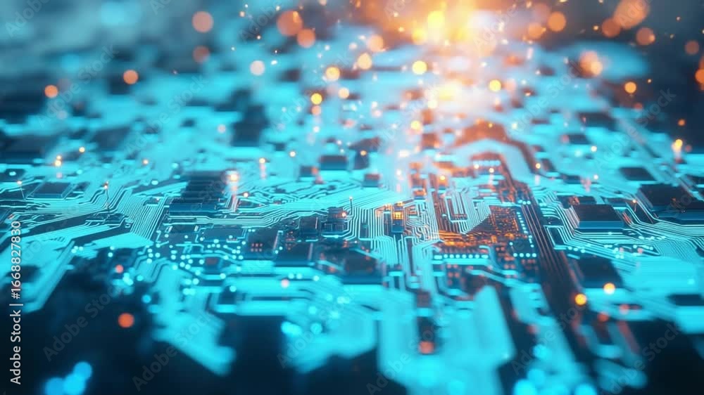 Poster vibrant circuit technology glowing blue sparks and intricate patterns create futuristic atmosphere o