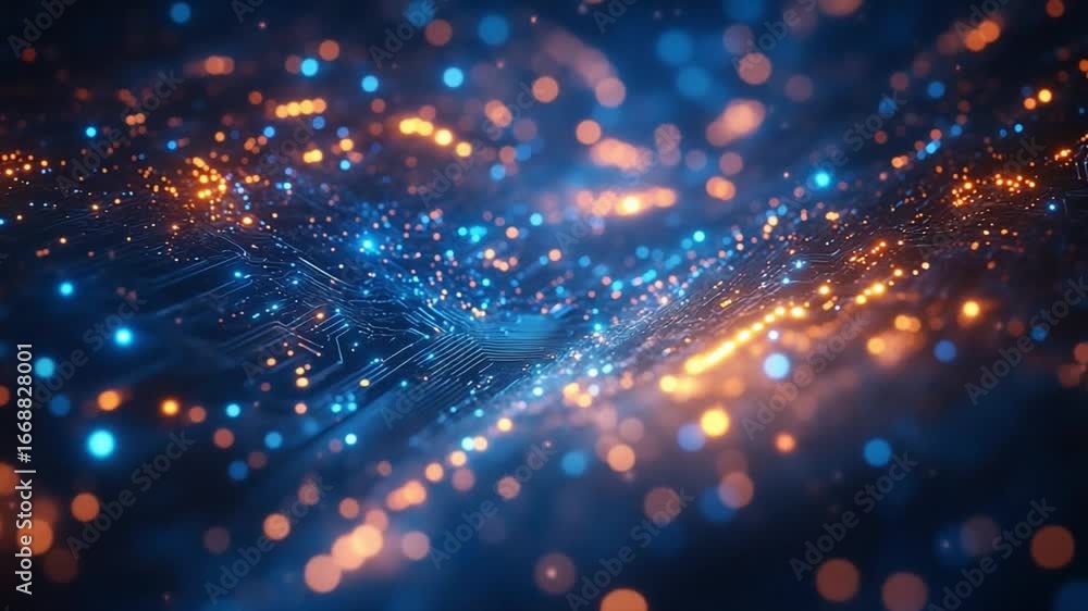 Aufkleber glowing blue and orange lights create digital abstract background with circuit patterns, evoking fut