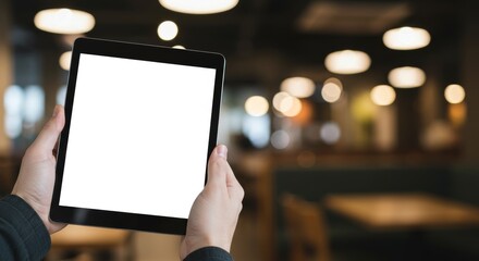 Man Holding Tablet with Blank Screen in Modern Café , Realistic Vertical Digital Device Mockup for App, Website, and UI Design Presentation with Warm Indoor Lighting