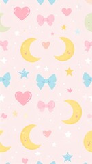 Seamless kawaii background of hearts, bows, stars, and happy moons