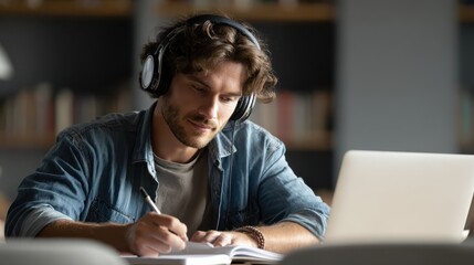 focused young man student wear headset look at laptop screen make notes study e learning in library watch class webinar training online language course video call distance education software concept 