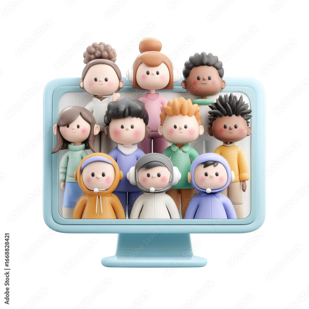 Poster colorful cartoon characters in a virtual meeting on a computer screen for video call concept