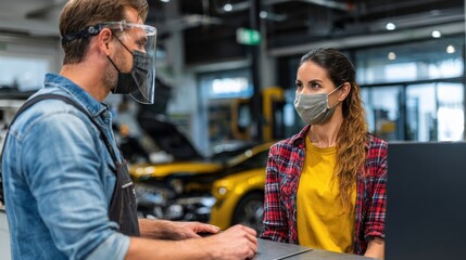 car mechanic and female customer communicating with sneeze guard between them at workshops office they are wearing face masks due to coronavirus pandemic no logos no brands ar 169