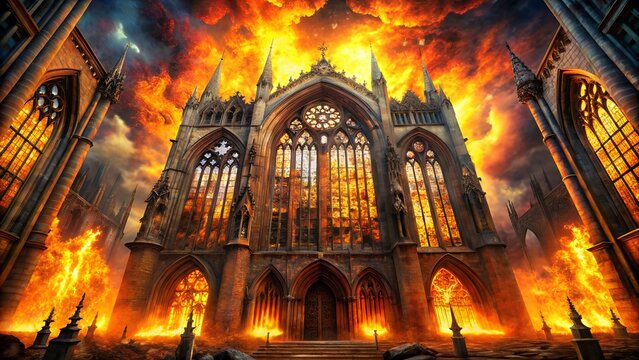 Gothic cathedral engulfed in flames, creating a dramatic and intense scene of destruction against a backdrop of architectural grandeur - Powered by Adobe
