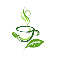 green cup of coffee and a green leaf on with white background