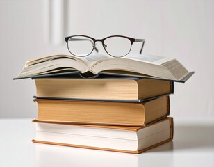  A stack of hardcover books with a reading glasses on top Ai