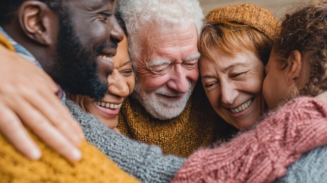 group of multigenerational people hugging each others support multiracial and diversity concept main focus on senior man with white hairs no logos no brands ar 169