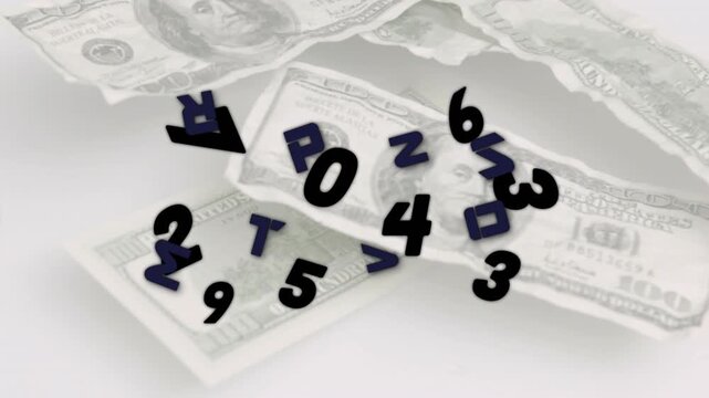 On digit materialization 3D digits tumbling grouping and dissolving over bills showing money flow