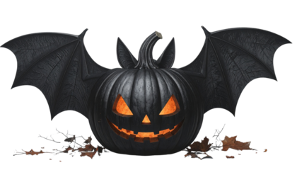 A cute and funny Halloween Black Pumpkin with  Glowing Eyes and Bat Wings for a spooky Halloween celebration On White Background