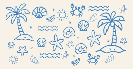 summer vintage icon set. Palm tree, sun and sea, seashells, coral, in doodle sketch style. Drawing ink. Coastal collection for card, prints, wedding invitation.