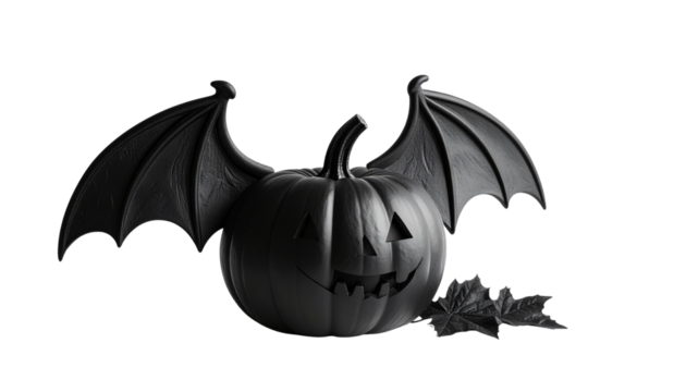 An Black Halloween pumpkin with bats decorates an Black autumn harvest scene - Powered by Adobe