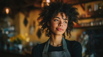 headshot of confident black mixed race hipster female barista standing looking dreamingly in restaurant or cafe small business cafe entrepreneurship concept no logos no brands ar 169