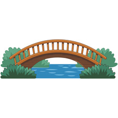 Wooden arch bridge walkway across river vector illustration isolated on white background