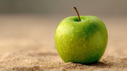 Negative space around a green apple on a sandy backdrop