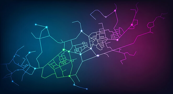 Modern city map network with vibrant neon colors for futuristic technology design concepts and urban planning