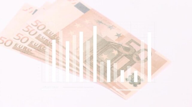 On start 50 euro note appearing then notes fanning out while bars rising showing financial growth