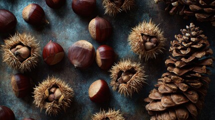 a top view of chestnuts with pine cones no logos no brands ar 169