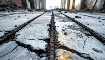 Cracked concrete floor with visible rebar, symbolizing decay and industrial ruin.