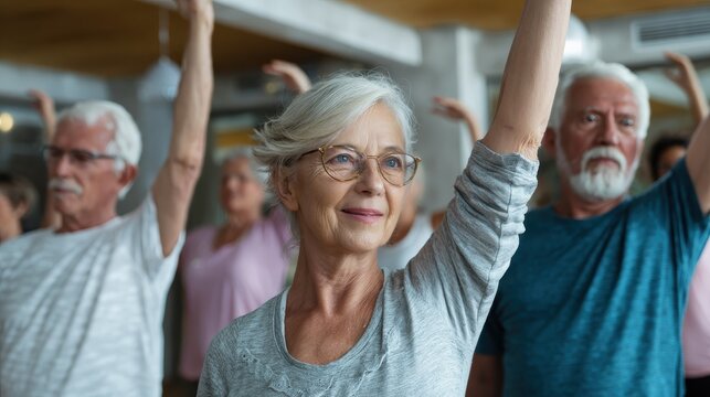 group of seniors doing stretching exercise together at retirement centre elderly men and old women exercising at nursing home during daily fitness retired couples exercising at care facility no logos - Powered by Adobe