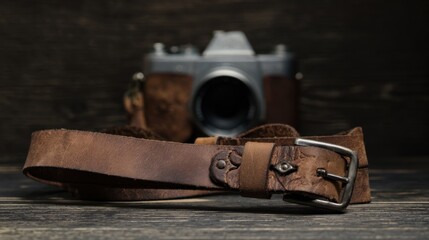Obraz premium A camera strap is laying on a wooden surface next to a camera. The strap is brown and has a buckle. The camera is black and silver. Concept of nostalgia and a connection to the past, as the camera
