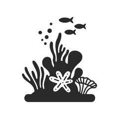 Obraz premium Underwater marine life silhouette with coral, starfish, and fish on white background