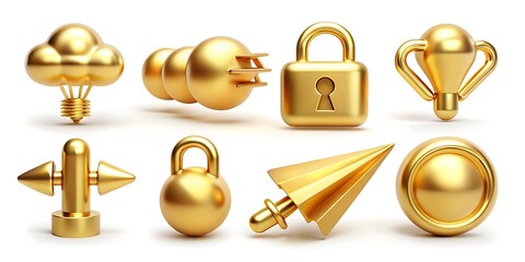 Collection of golden 3d icons representing business and technology concepts
