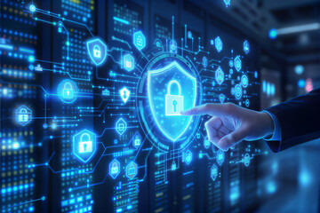 Futuristic digital interface displays glowing cybersecurity shield with padlock icon and a finger interacting with the screen