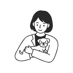 Female veterinarian holding puppy illustration in black and white
