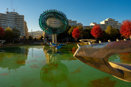 Alba Iulia, Romania - October 23, 2024: Liquid Choreography: Parc Cetate&rsquo;s Moving Water Sculpture