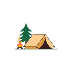 Camping Scene Depicting a Tent, Bonfire, and Pine Tree Promoting Nature and Outdoor Activities