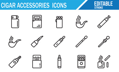 Vector Line Icons of Cigarettes, Cigar Pipe, Lighters, and Vape Pen