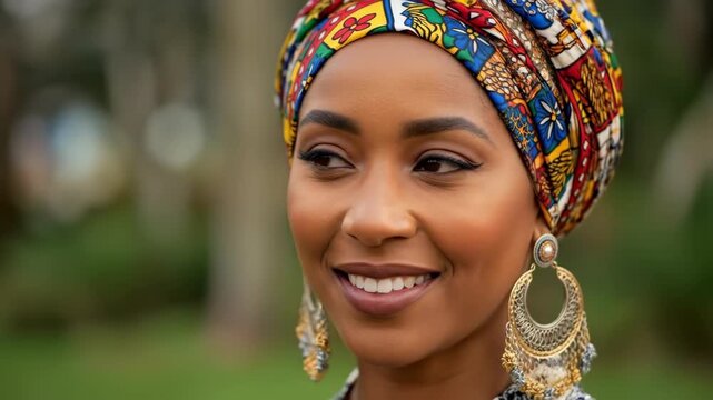A beautiful and confident black woman with a radiant smile wears a colorful traditional african headwrap and ornate earrings in a stunning and joyful portrait