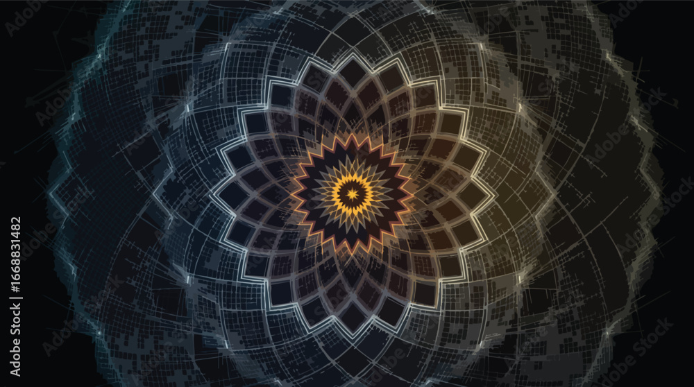 Poster geometric fractal mandala with glowing center and dark textured background abstract pattern.