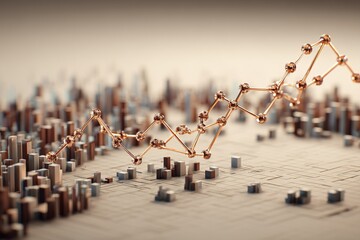 Data visualization showcasing dynamic growth trends in a 3D urban landscape of fluctuating market analysis