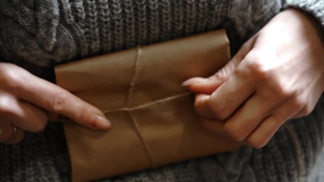 Close-Up Hand Tying Knot on Wrapped Leather Wallet Held Against Body