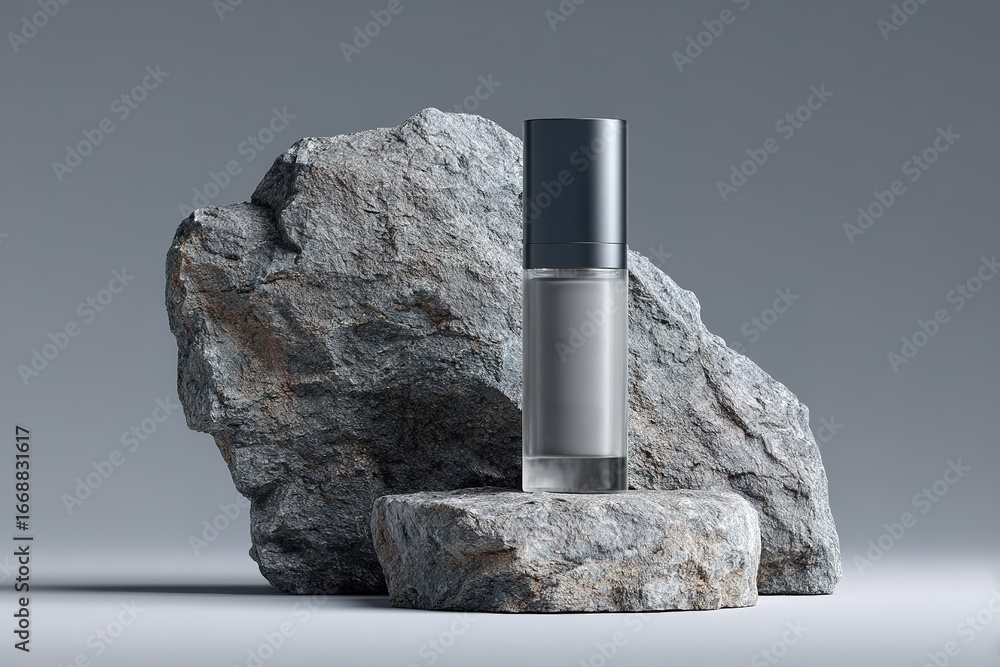 Poster modern fragrance bottle displayed on textured stones in a minimalist setting with soft lighting in t