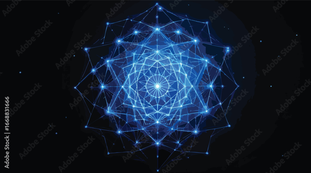 Poster luminous blue geometric network structure on black background abstract.