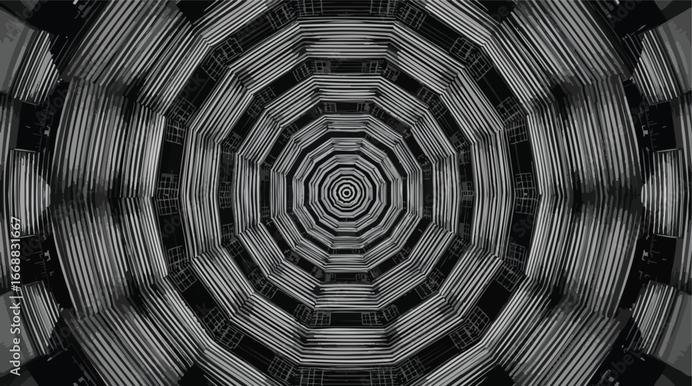 Poster monochromatic octagonal tunnel with grayscale stripes abstract geometric.