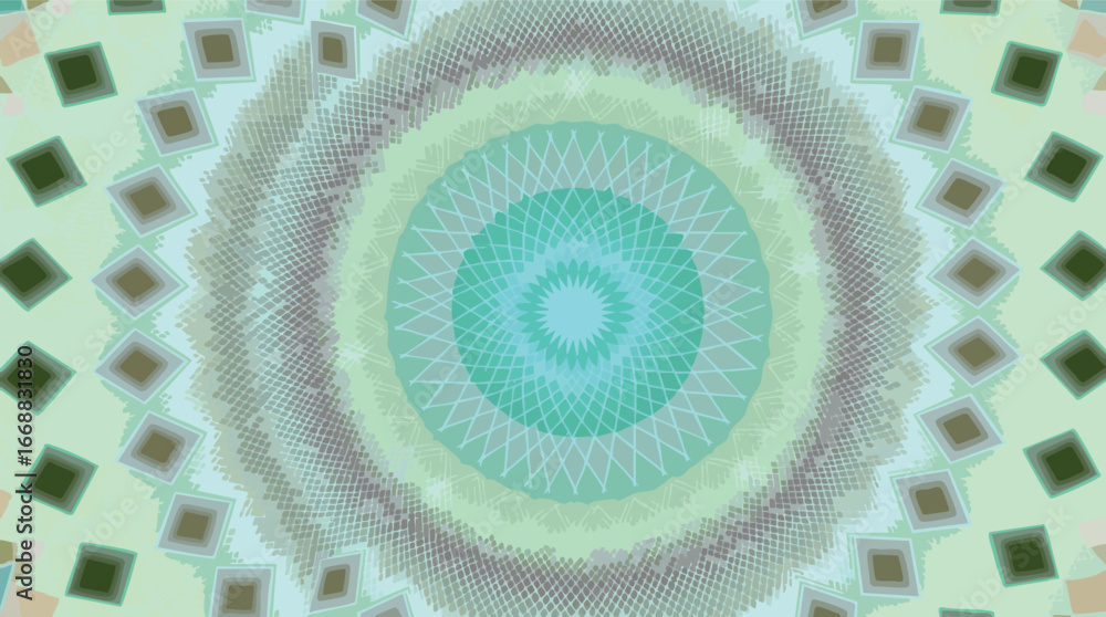 Poster soft teal and green circular pattern with repeating square motifs and subtle texture geometric.