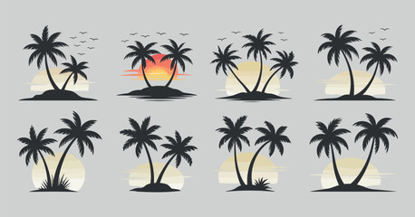 Tropical Island Palm Tree Silhouette Set with Sunset Background Vector Illustration Collection Design