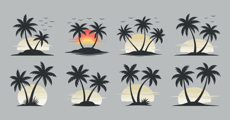 Fototapeta premium Tropical Island Silhouette Vector Set with Palm Trees and Sunset Background for Summer Vacation Designs