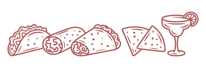 Delicious Mexican Food Icons Set Featuring Tacos, Burritos, Nachos, and a Margarita for Culinary Designs