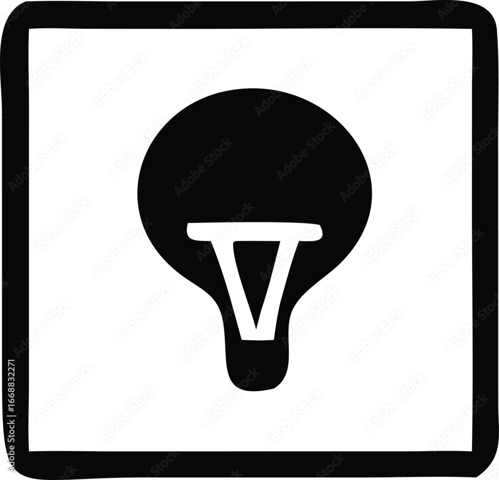 Poster simple black and white icon of a lightbulb with a v-shaped filament inside a square frame representi